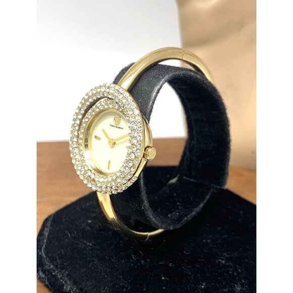 Tory Burch Women's Watch TBW7026 Cream Dial Quartz Bangle Swirl Gems Gold Steel - Picture 2 of 15